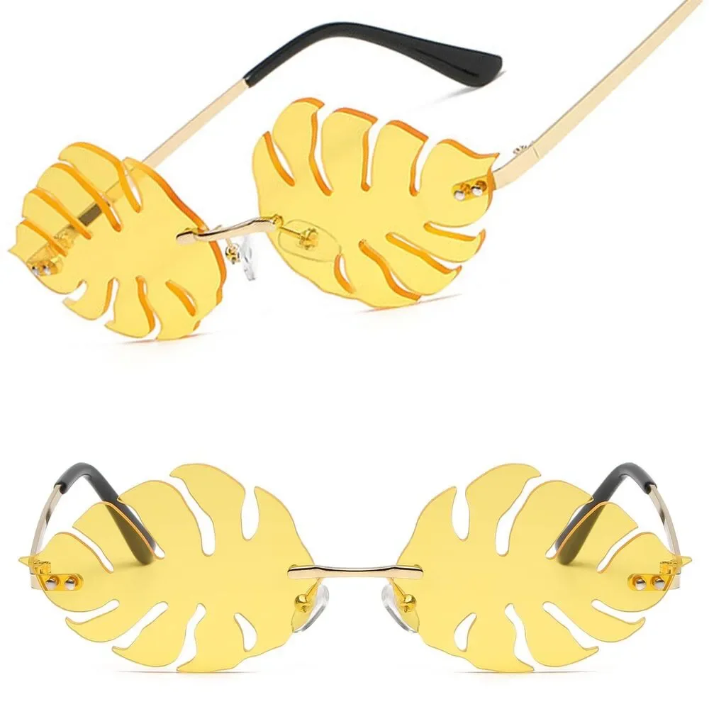 Yellow Monstera Leaf Rimless Sunglasses Festival Rave